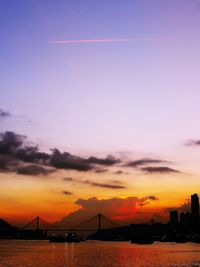 Bridge over river at dusk