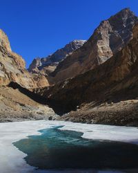 Scenic view of mountains against clear blue sky