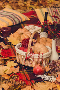 High angle view of fruits in basket on table