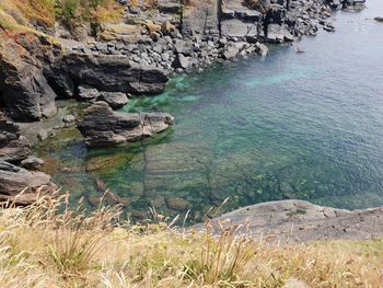 High angle view of rocks on sea shore