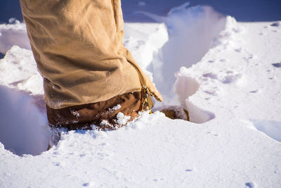 Low section of person on snow covered land