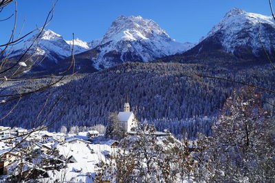 Scenic view of snowcapped mountains against sky