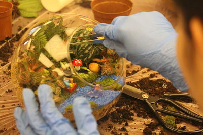 High angle view of person preparing food