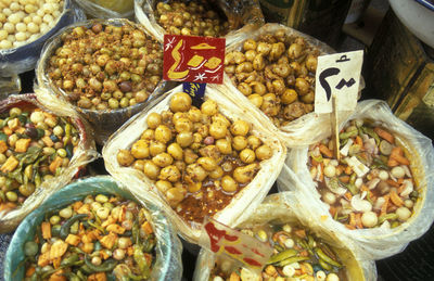 High angle view of fruits for sale at market stall