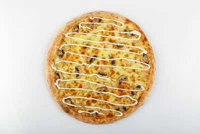 High angle view of pizza against white background