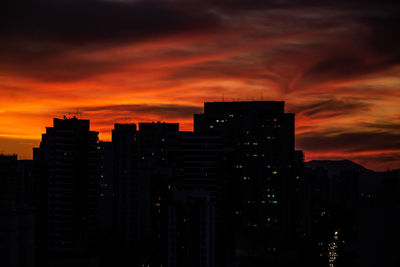 Silhouette buildings against dramatic sky during sunset