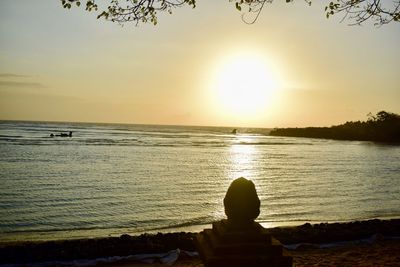 Rear view of man looking at sea against sky during sunset