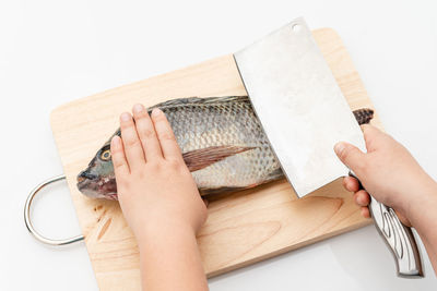 Midsection of woman reading book on table against white background