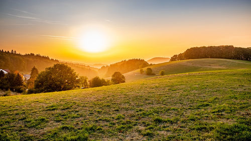 Scenic view of field against sky during sunset