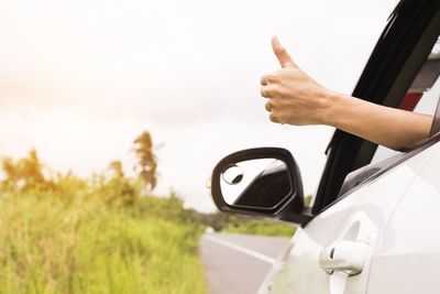 Man driving car on road against plants