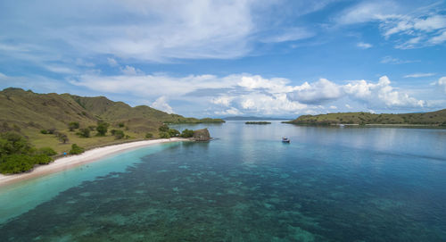 Clear sea view with hill and beach background photographed from above