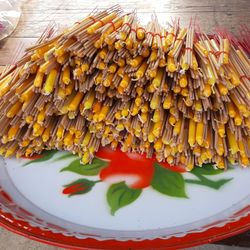 High angle view of fruits in plate