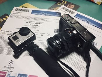 High angle view of camera on table