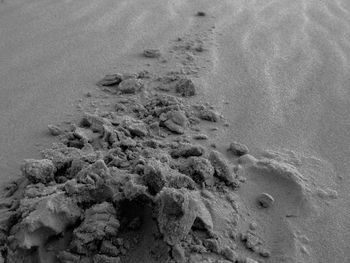 High angle view of footprints on sand at beach