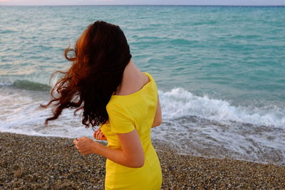 Rear view of woman standing at beach