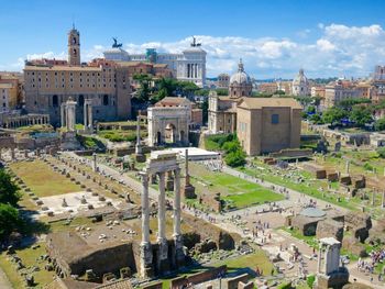 Aerial view of tourists exploring ancient ruins in rome