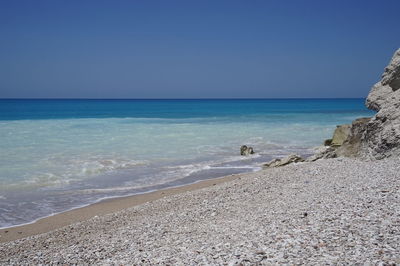 Scenic view of sea against clear blue sky