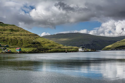 Scenic view of lake by mountains against sky