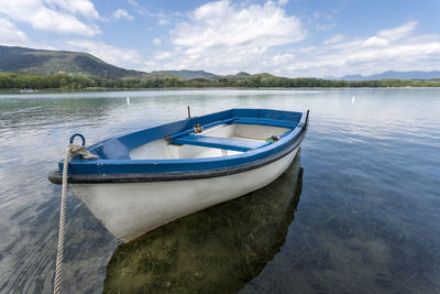 Close-up of boat moored at river