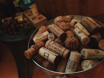 High angle view of wine bottles