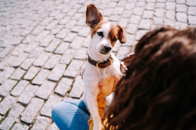 Woman sitting with dog outdoors