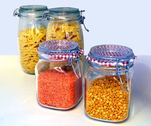 Close-up of drink in glass jar on table