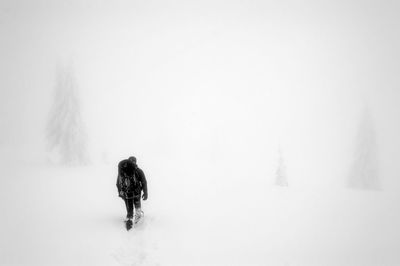 Rear view of man walking on snow covered land