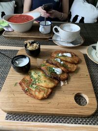 High angle view of food served on table