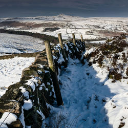 High angle view of snow covered field