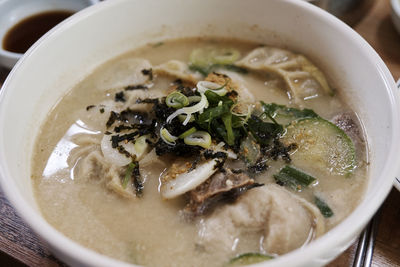 High angle view of soup in bowl