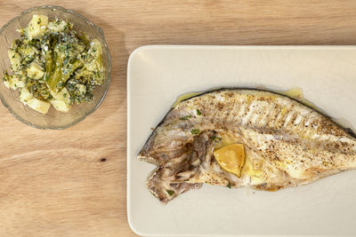 High angle view of food in plate on table