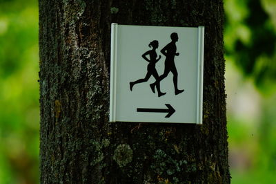 Close-up of sign on tree trunk