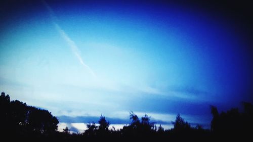 Low angle view of silhouette trees against blue sky