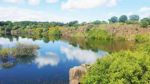 Scenic view of lake by trees against sky