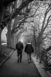 Rear view of woman walking on footpath