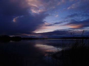 Scenic view of lake against sky at sunset