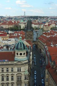 High angle view of buildings in city against sky