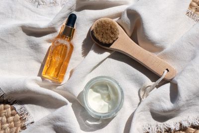 High angle view of beauty products on table