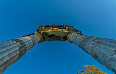 Directly below shot of architectural columns against clear blue sky