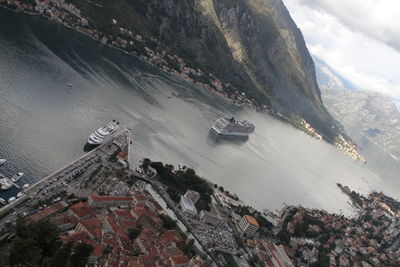 High angle view of boats in sea