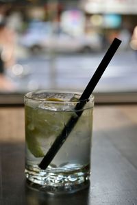 Close-up of beer glass on table