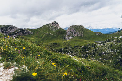 Scenic view of landscape and mountains against sky