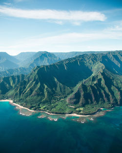 Scenic view of sea and mountains against sky