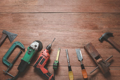 High angle view of objects on table