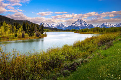 Scenic view of lake and mountains against sky