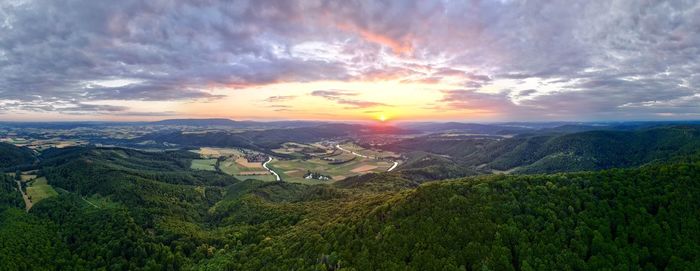 High angle view of landscape against sky during sunset