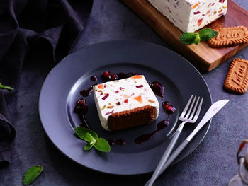 High angle view of dessert in plate on table