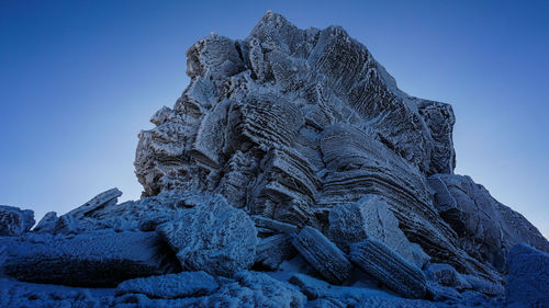 Low angle view of rock formation against clear blue sky