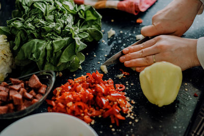 High angle view of person preparing food