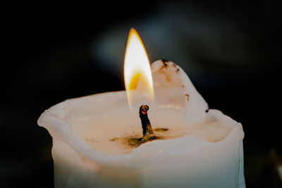 Close-up of lit candle against black background